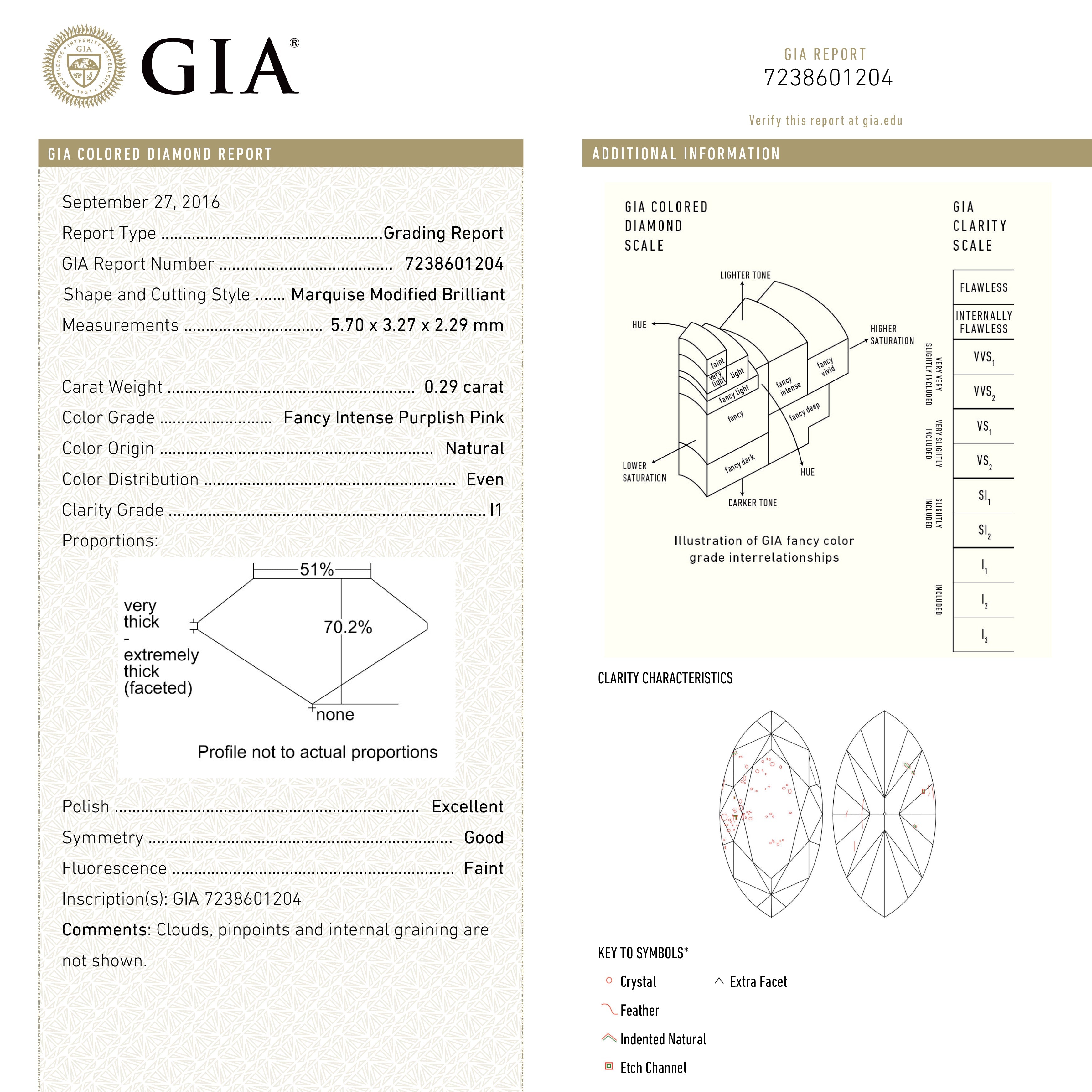0.29ct GIA Certified Fancy Intense Purplish Pink Marquise Cut Diamond (5.70x3.27x2.29mm) - I1 Clarity, Ideal for Engagement Rings & Luxury Jewelry