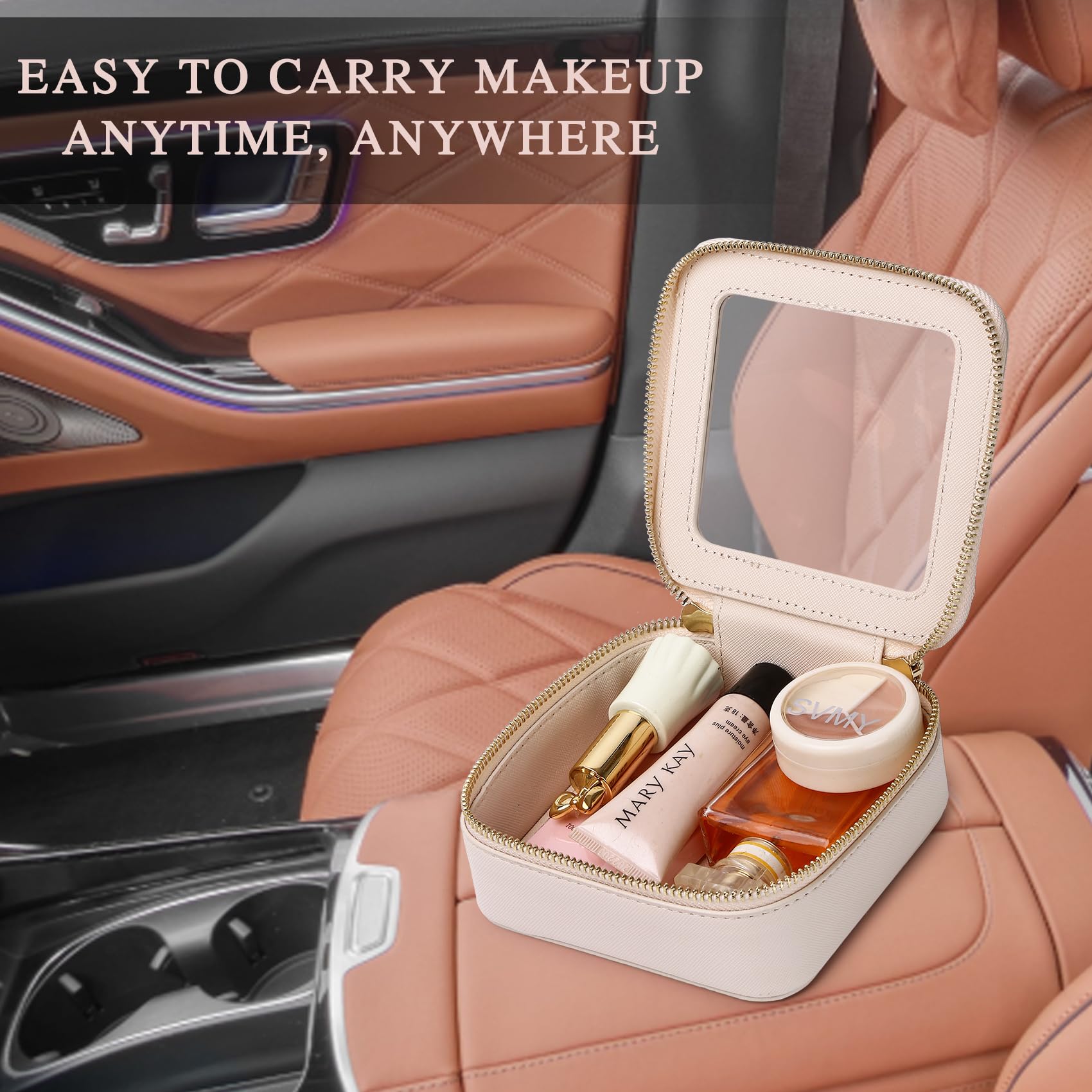 Small Clear Makeup Bag - Mini Cosmetic & Toiletry Organizer with Zipper for Travel, Car Essentials (Beige)