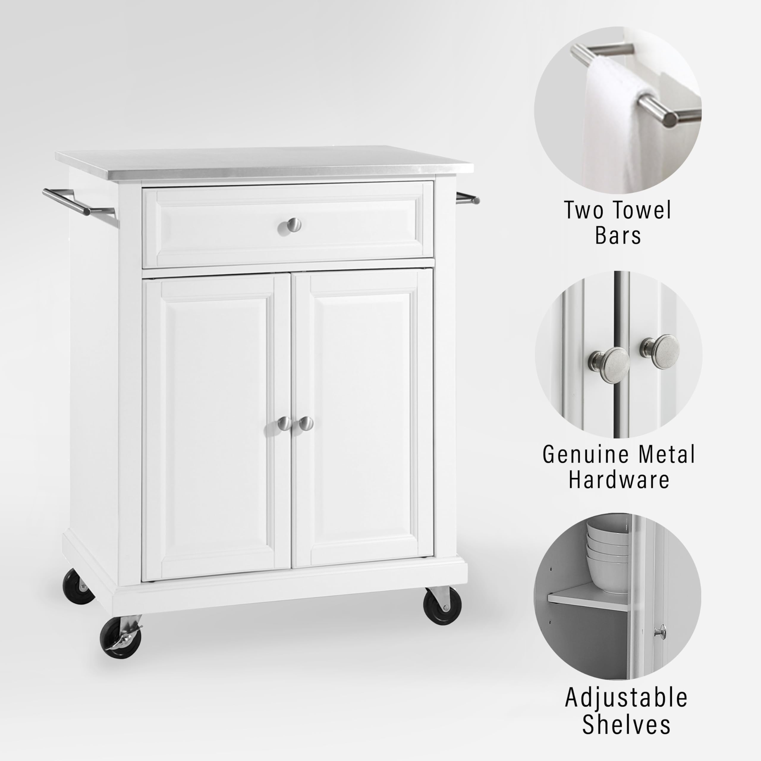 Compact Stainless Steel Rolling Cart with Shelves - White Microwave Stand & Towel Rack | Perfect for Kitchen, Bathroom, Dorm & Office Organization | Crosley Furniture