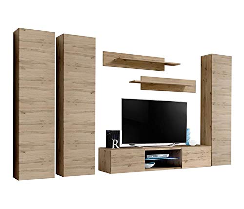 Modern Oak Wall-Mounted TV Stand with Storage Shelves & LED Lights - Floating Entertainment Center Console for Bedroom & Living Room - Space-Saving Media Storage Solution for TVs up to 33