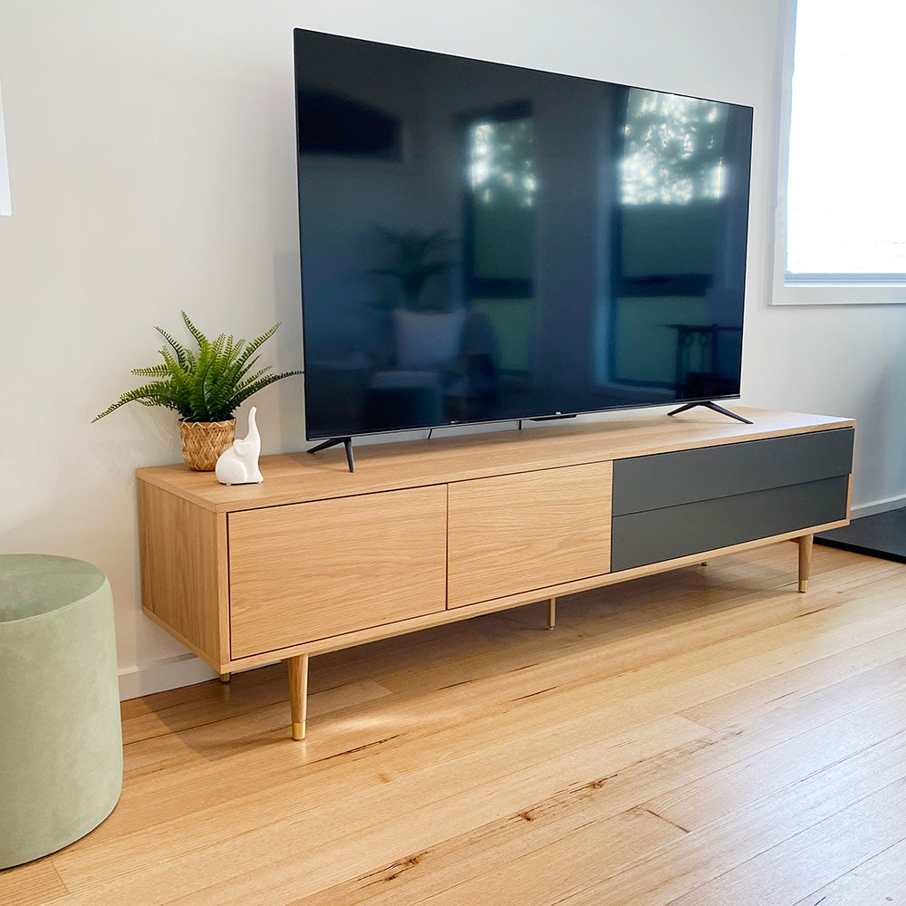 Houston Entertainment TV Stand 200cm - Modern Natural & Grey Wood Media Console for Living Room, Bedroom, Home Theater Setup