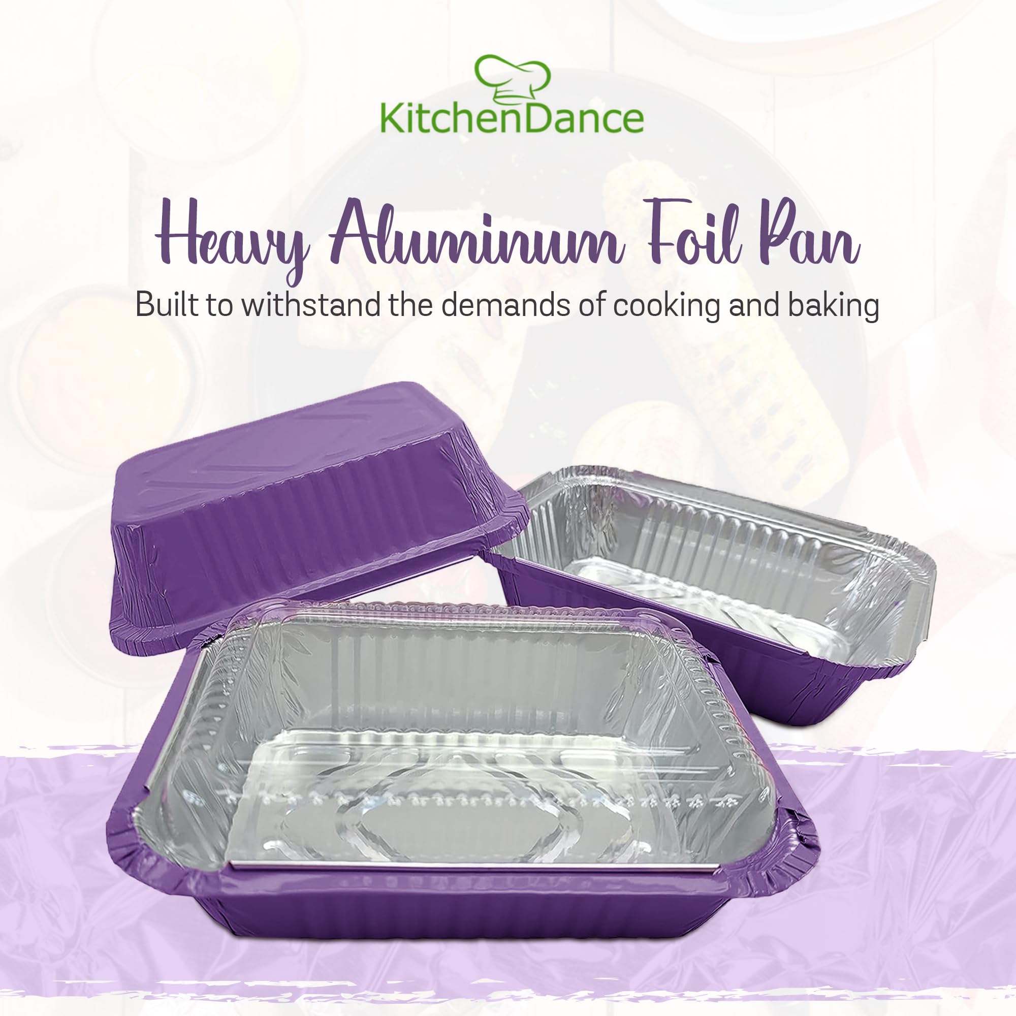 KitchenDance 1.5 lb. Heavy Duty Colored Aluminum Foil Takeout Containers with Lids - Disposable Casserole Pans for Cooking, Baking, Freezing & Food Storage - 50 Pack Purple - Perfect for Meal Prep, Party Catering & Leftovers