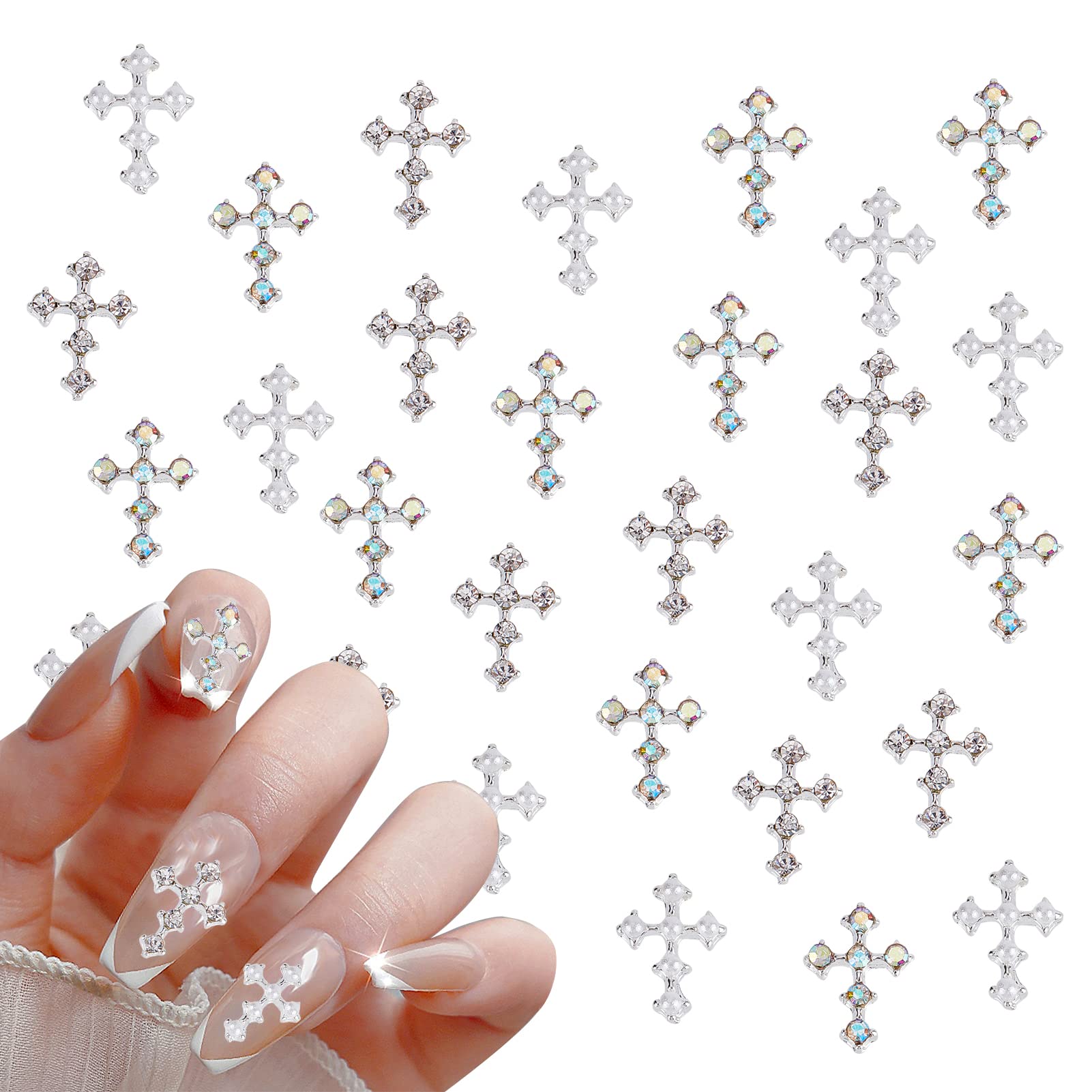 NICENEEDED 30Pcs Silver Pearl Cross Nail Art Charms - 3D Mini Nail Rhinestones Jewelry for Women, Antique Style Nail Decorations - Perfect for DIY Nail Art, Bridal, Party and Special Occasion Nail Designs