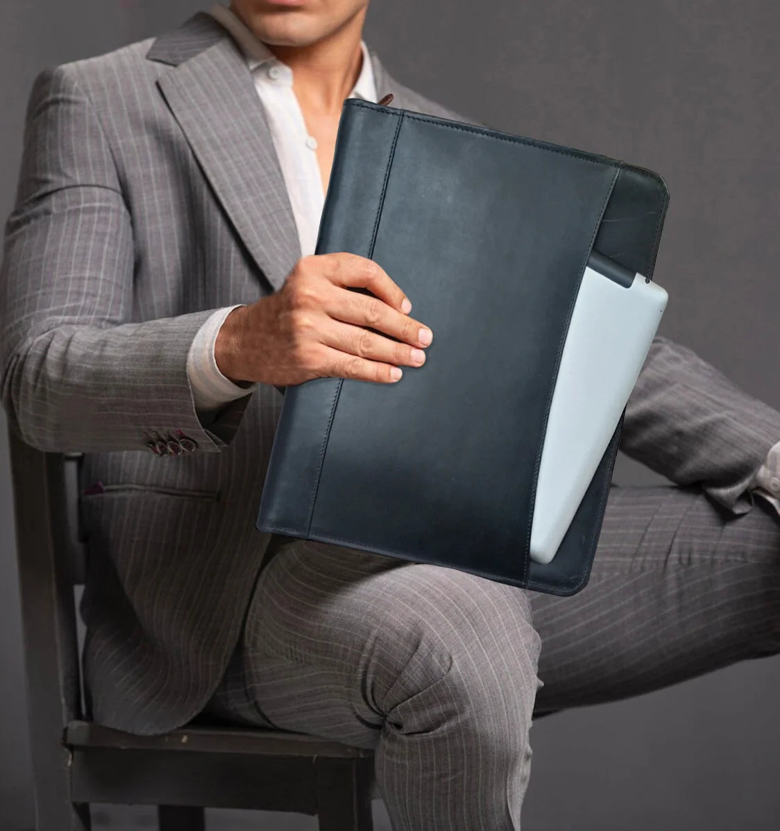 Premium Kingsman Business Leather Padfolio - Professional Black Portfolio for Meetings, Presentations & Office Use