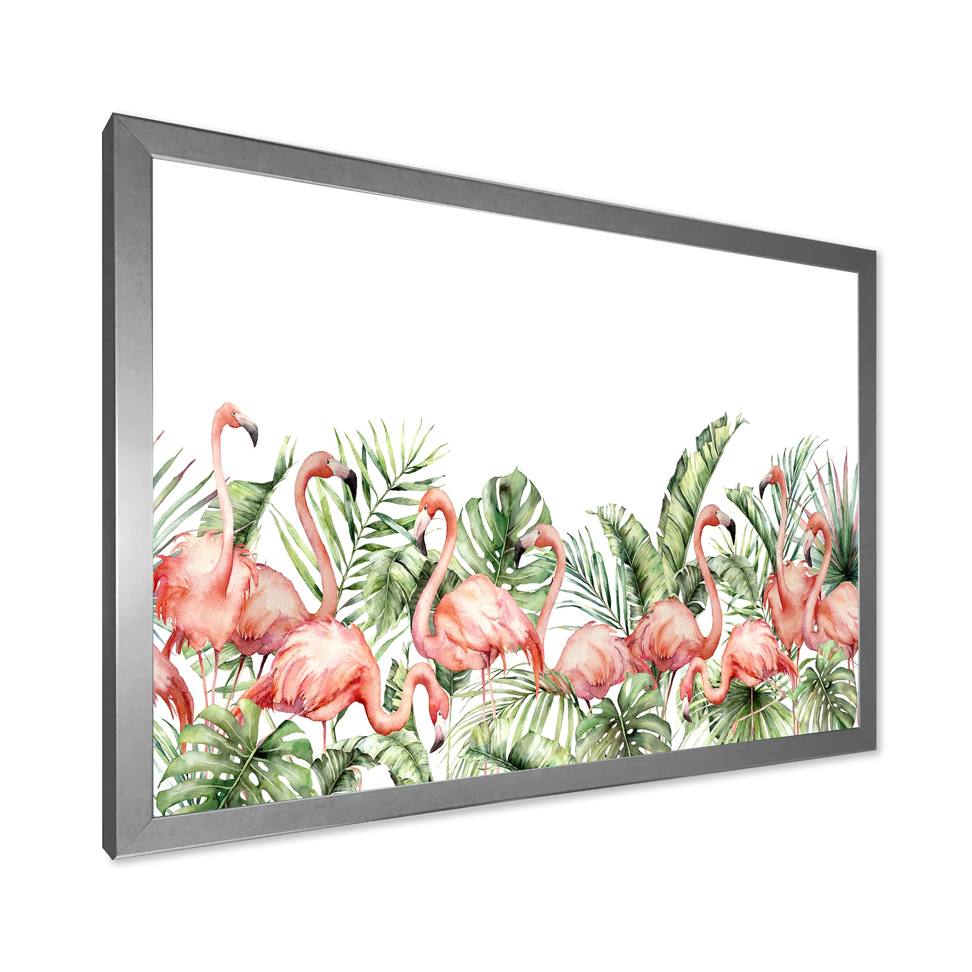 DesignQ Pink Flamingos Palm Leaves Tropical Birds Framed Wall Art - Tropical Home Decor for Living Room, Bedroom & Beach House