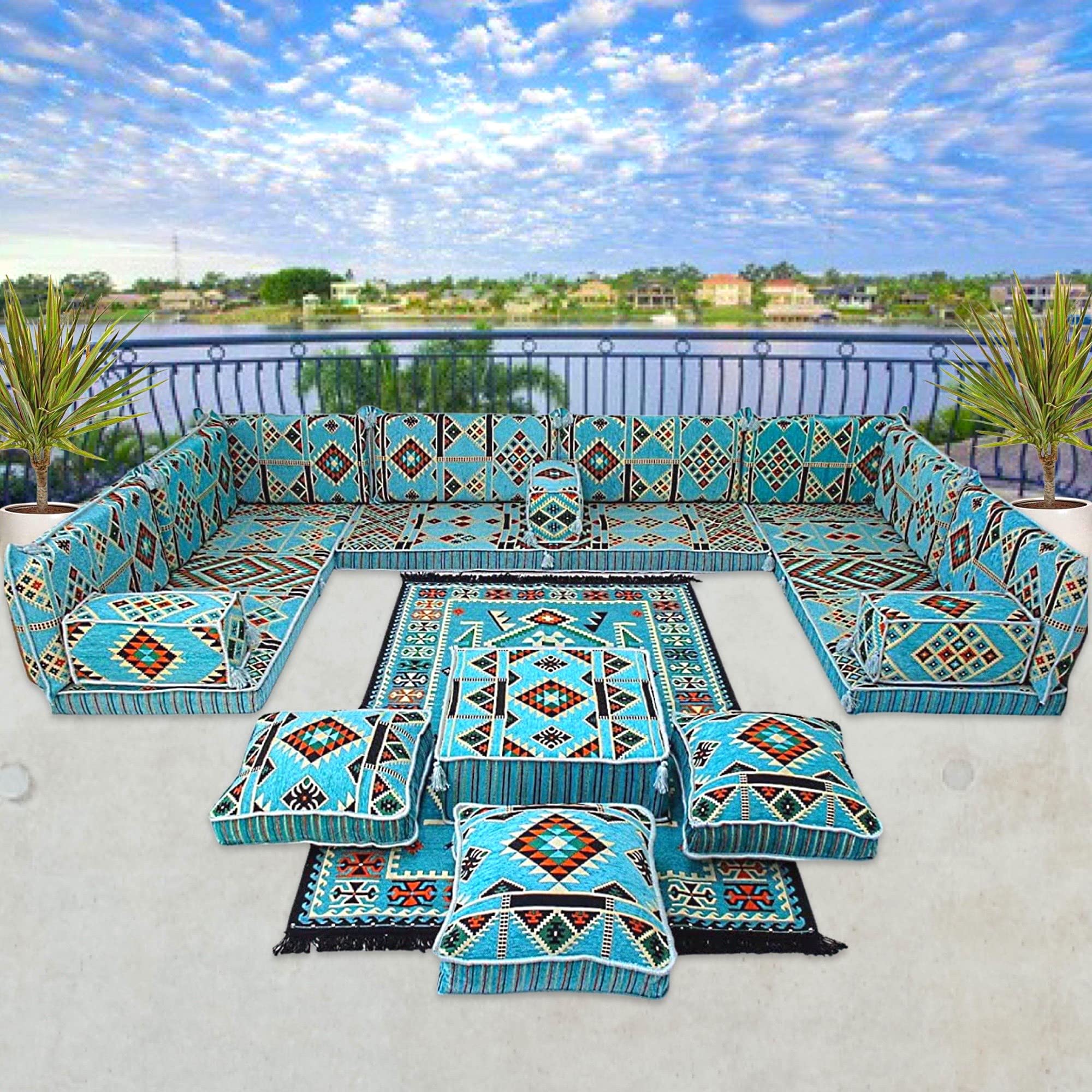 Premium Arabic U-Shaped Living Room Furniture Set - Traditional Majlis Seating, Floor Cushions & Sofa for Home Decor | Perfect for Middle Eastern Style Lounges, Cultural Gatherings & Cozy Family Nights