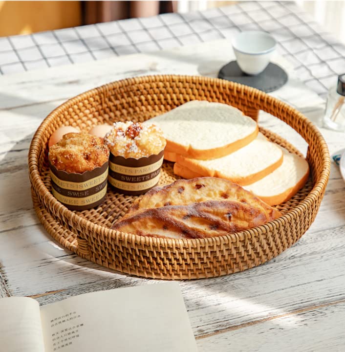 Hand Woven Rattan Round Serving Tray - 13.8 Inch Decorative Coffee Table Tray with Handles, Ottoman Wicker Basket for Fruit, Bread & Snacks - Perfect for Living Room, Kitchen & Outdoor Entertaining
