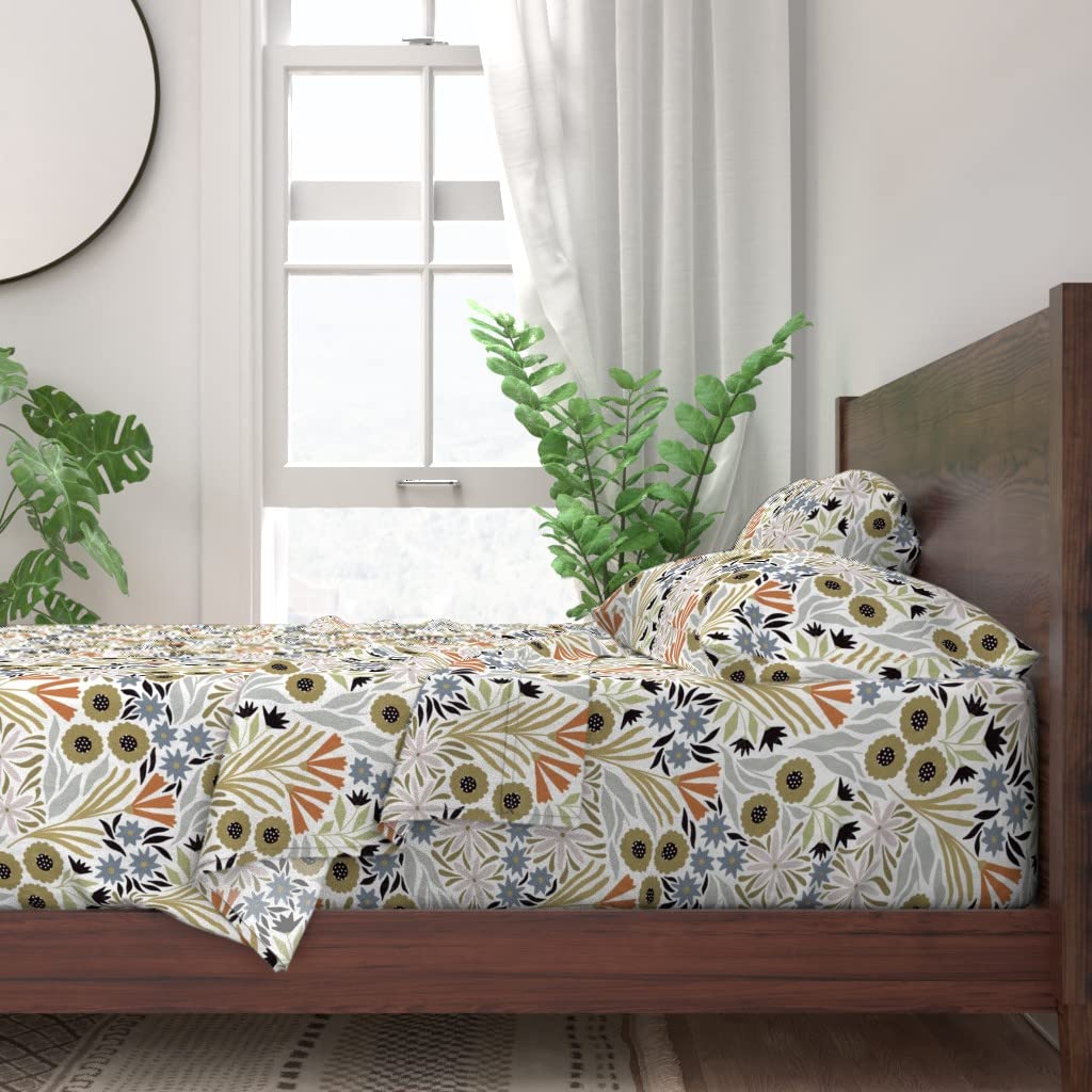 100% Cotton King Size 4-Piece Bed Sheet Set | Floral Orange Autumn Wildflowers Print | Custom Bedding for Master Bedroom & Guest Room Decor
