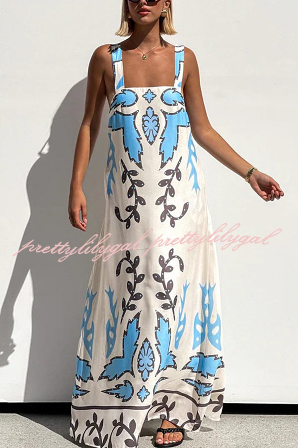 Stylish Square Neck Open Back Lace-Up Flowy Maxi Dress with Unique Print - Perfect for Beach Vacations, Summer Parties & Boho Fashion