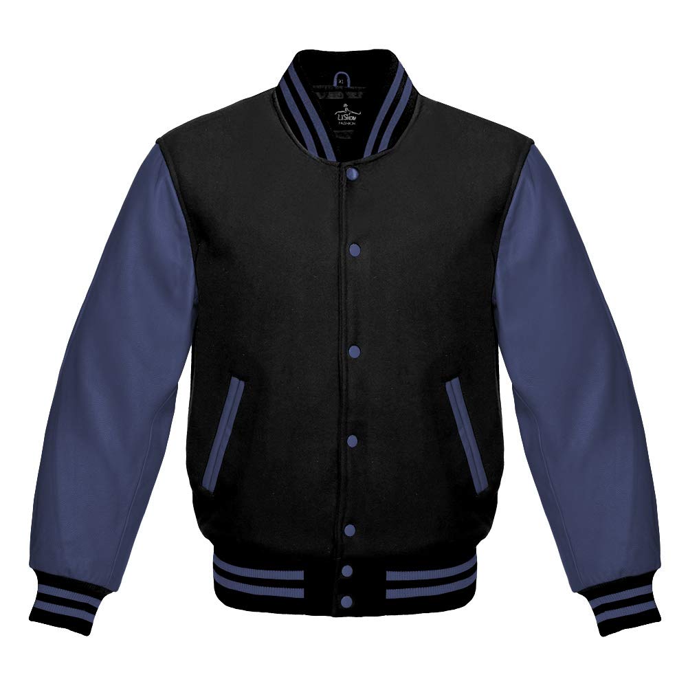 Varsity Jacket for Men - Black Wool & Navy Blue Leather Sleeves Letterman Bomber Jacket | Baseball Jacket for School, College, Sports & Casual Wear