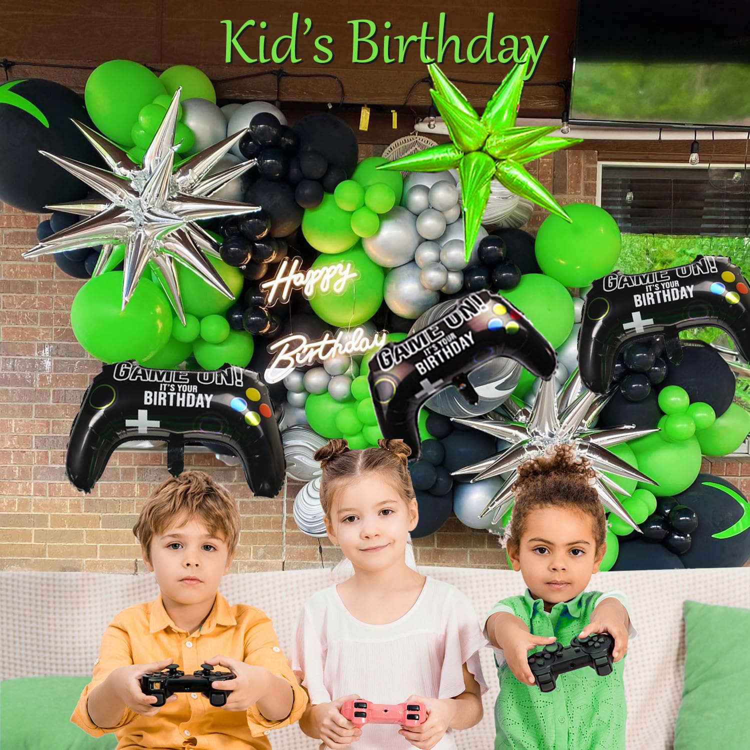 135pcs Green & Black Silver Controller Balloon Garland Kit - Gamer Party Decorations for Boys Birthday, Gaming Night & Video Game Themed Events