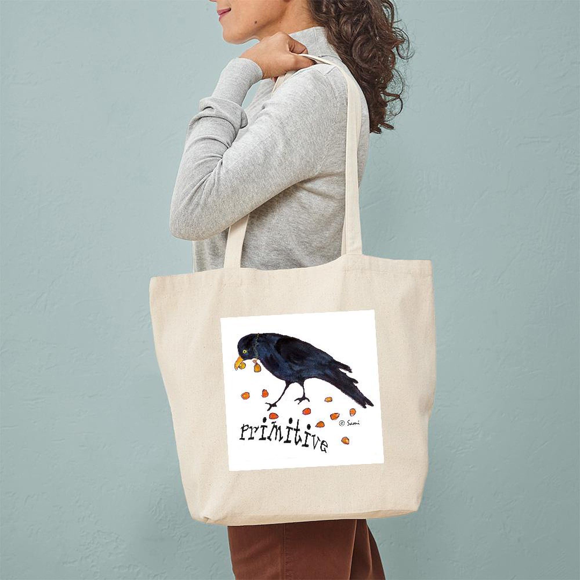 Primitive Crow Tote Bag - Natural Canvas Reusable Shopping Bag for Groceries, Beach & Farmers Market | Eco-Friendly Cotton Tote with Roomy Pockets