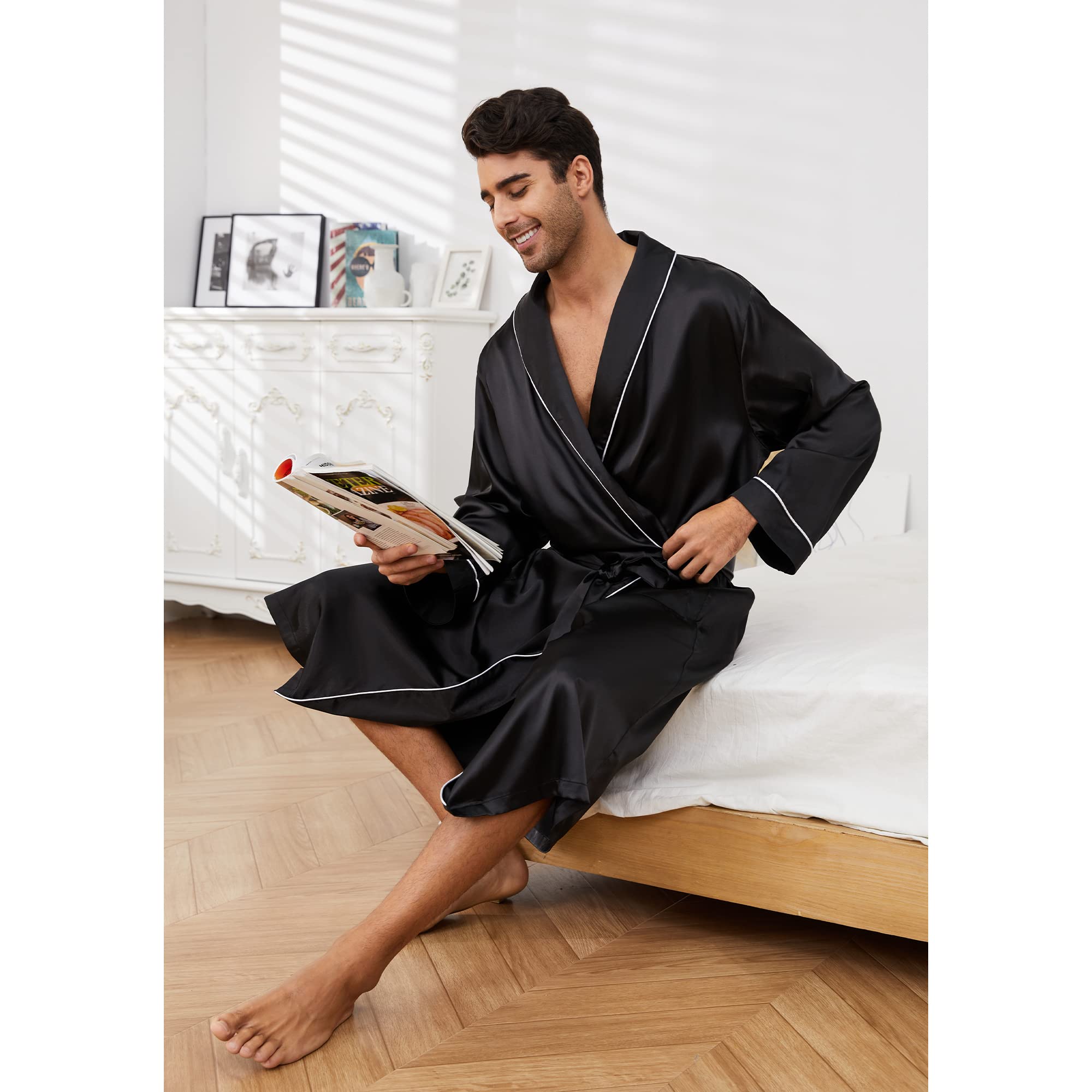Vulcanodon Men's Satin Robe - Lightweight Luxurious Silk Kimono Bathrobe for Spa, Lounge & Home Relaxation