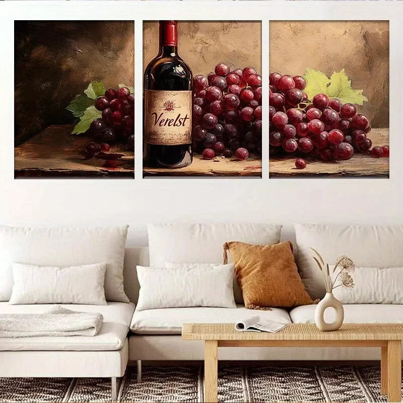 3-Piece Wine Bottle and Grapes Rustic Kitchen Wall Art Set - Framed Canvas 40x60cm - High Quality Print - 100% Australian Made - Ready to Hang - Perfect for Dining Room, Bar Decor & Farmhouse Style Kitchens