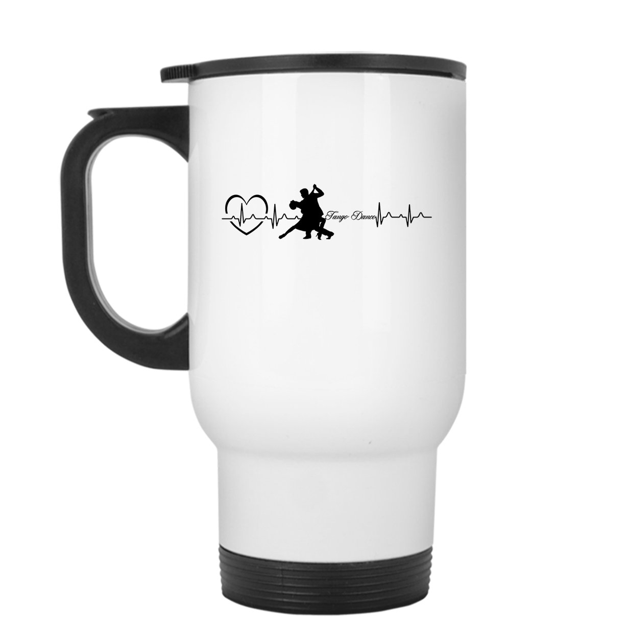Premium Stainless Steel Travel Mug with Tango Dancing Heartbeat Design - Insulated Coffee Cup for Hot & Cold Drinks - Perfect for Dancers, Office, Commute & Outdoor Adventures - White