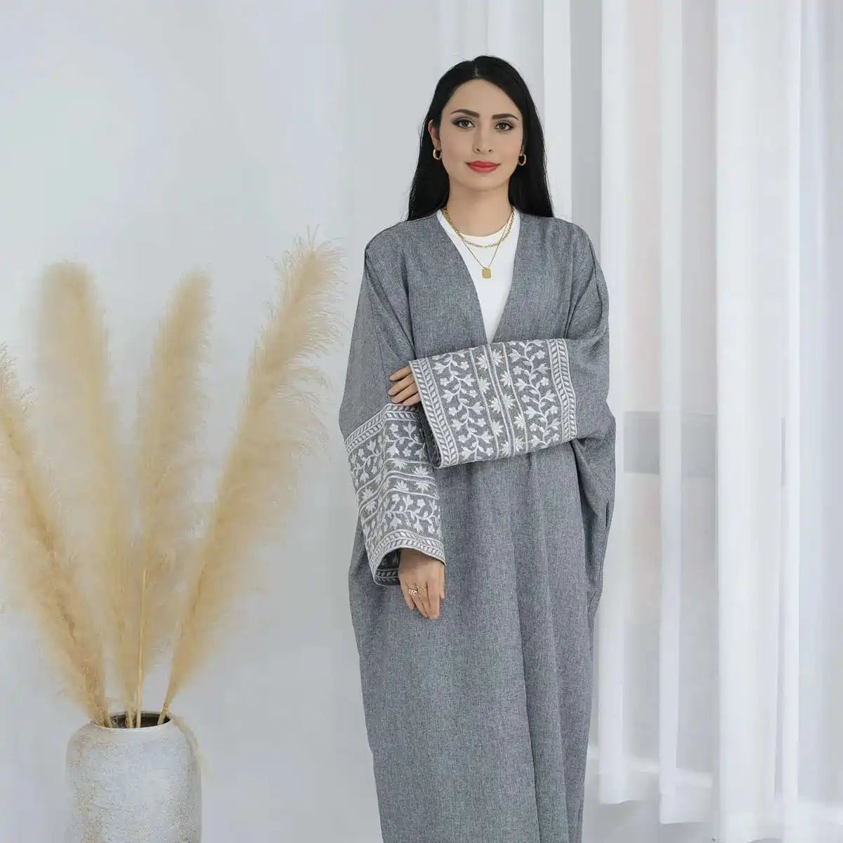 Muslim Women's Linen Blend Embroidery Sleeve Open Abaya Cardigan Dress - Perfect for Prayer, Modest Fashion & Everyday Wear