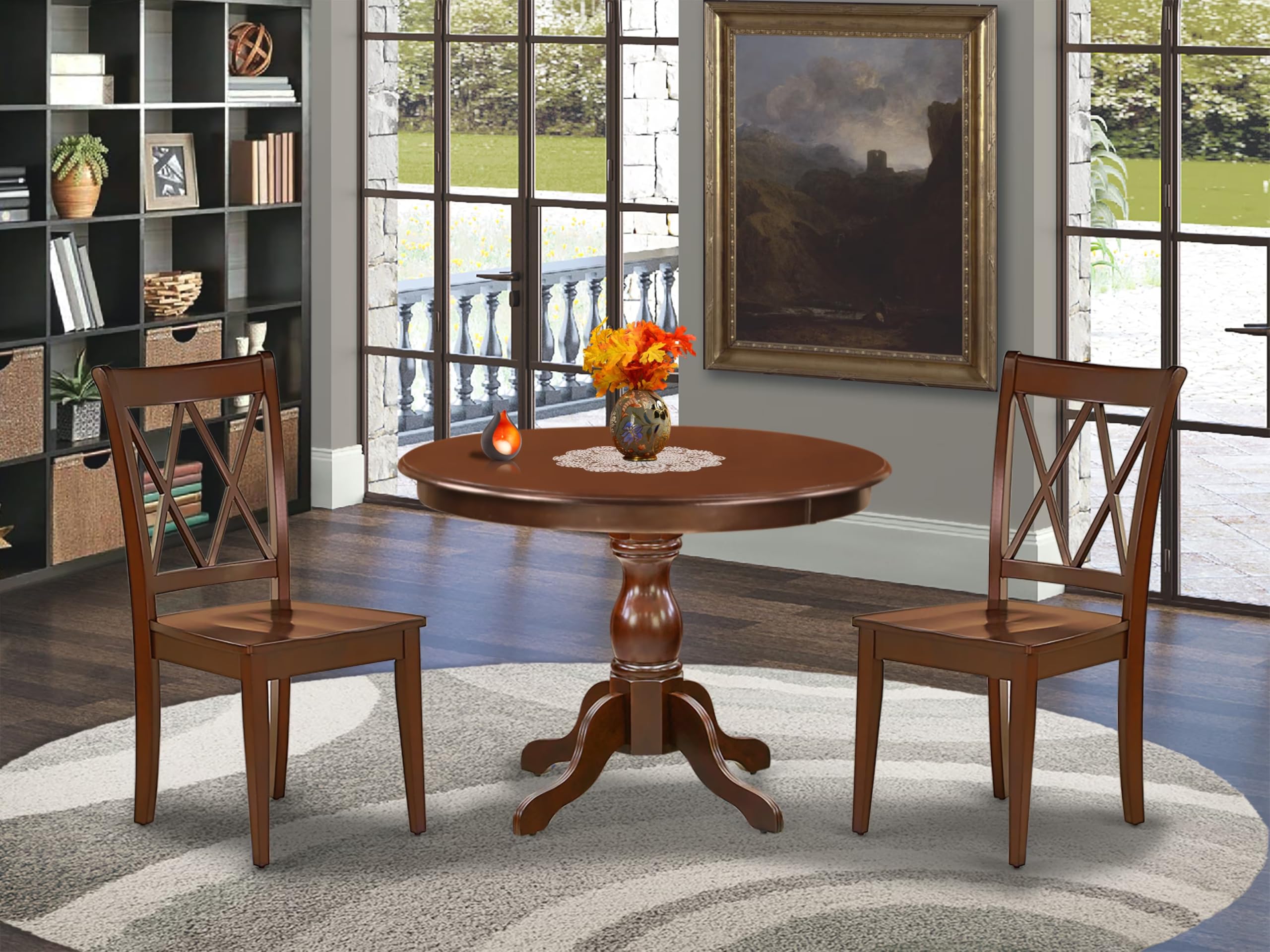 East West Furniture HBCL3-MAH-W 3-Piece Small Space Dinette Set with Round Pedestal Dining Table & 2 Chairs, 42x42 Inch, Mahogany Finish - Perfect for Apartments, Breakfast Nooks & Cozy Dining Areas