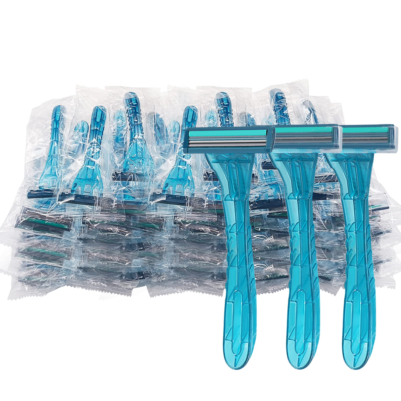 100 Pack Disposable Razors Bulk - Individually Wrapped Twin Stainless Steel Blade Razors for Men & Women | Perfect for Travel, Hotel, Airbnb, Gym, Emergency Kits & Homeless Shelters (Blue)