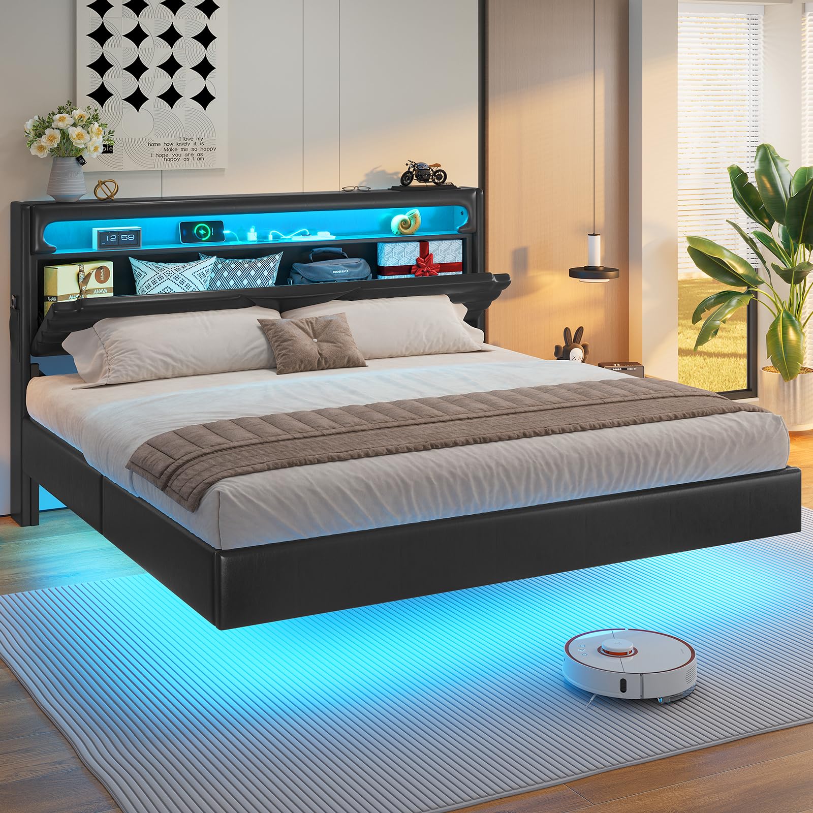King Size Floating Bed Frame with USB/Type-C Charging Ports & Hidden Storage Headboard - Modern Leather Platform Bed with RGB LED Lights, Reinforced 2-Row Mid-Beams (No Box Spring Required) - Perfect for Master Bedroom, Guest Room & Contemporary Home Decor (Black)