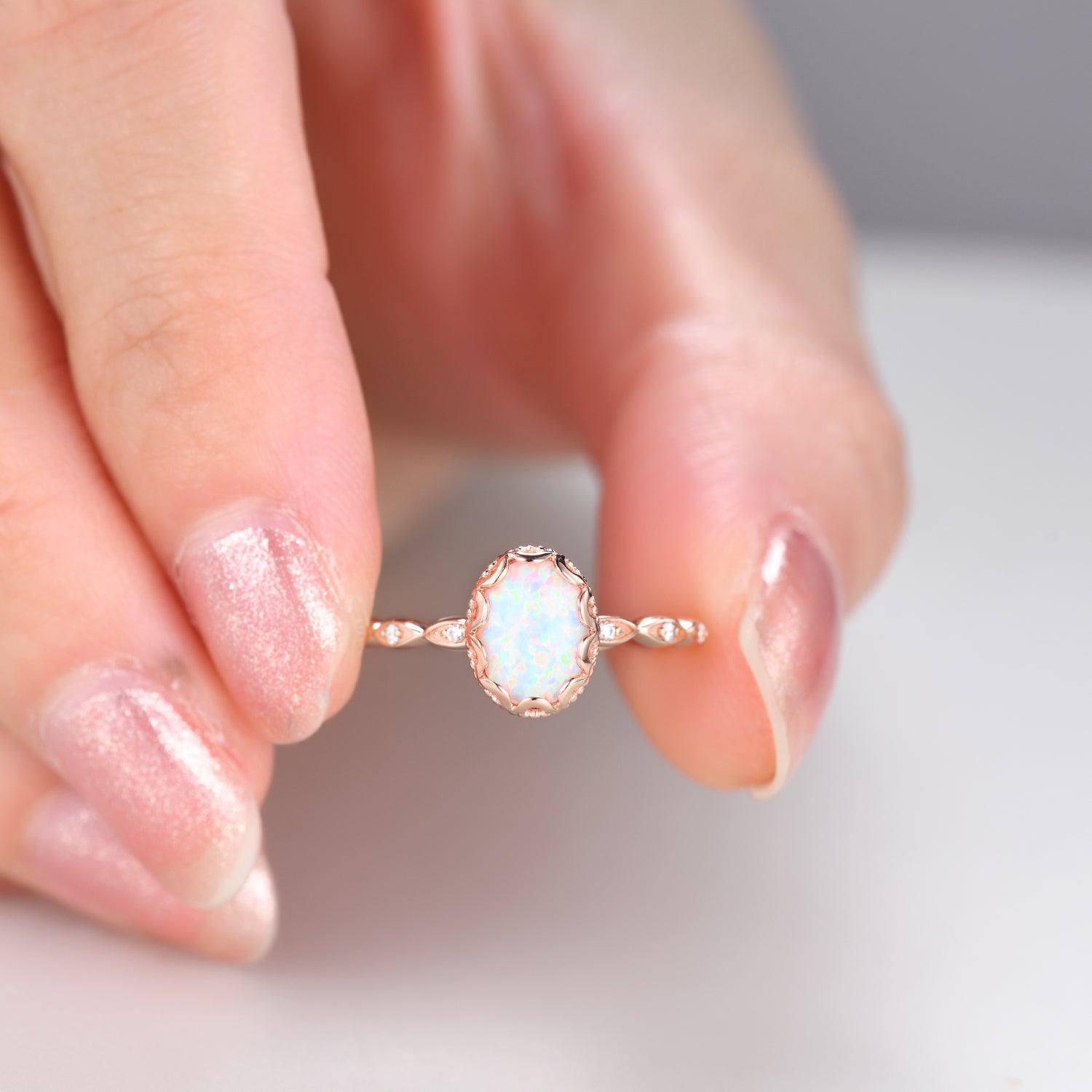Filigree White Opal Bridal Ring - Rose Gold Full Eternity Band for Wedding, Anniversary & October Birthstone Gift - Perfect for Engagement, Bridal Shower & Romantic Occasions