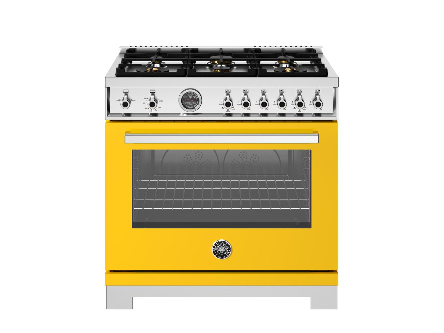 Bertazzoni PRO366BCFGMGIT 36 Inch Professional Gas Range with 6 Brass Burners & Cast Iron Griddle - Giallo Yellow - Perfect for Home Chefs & Commercial Kitchens