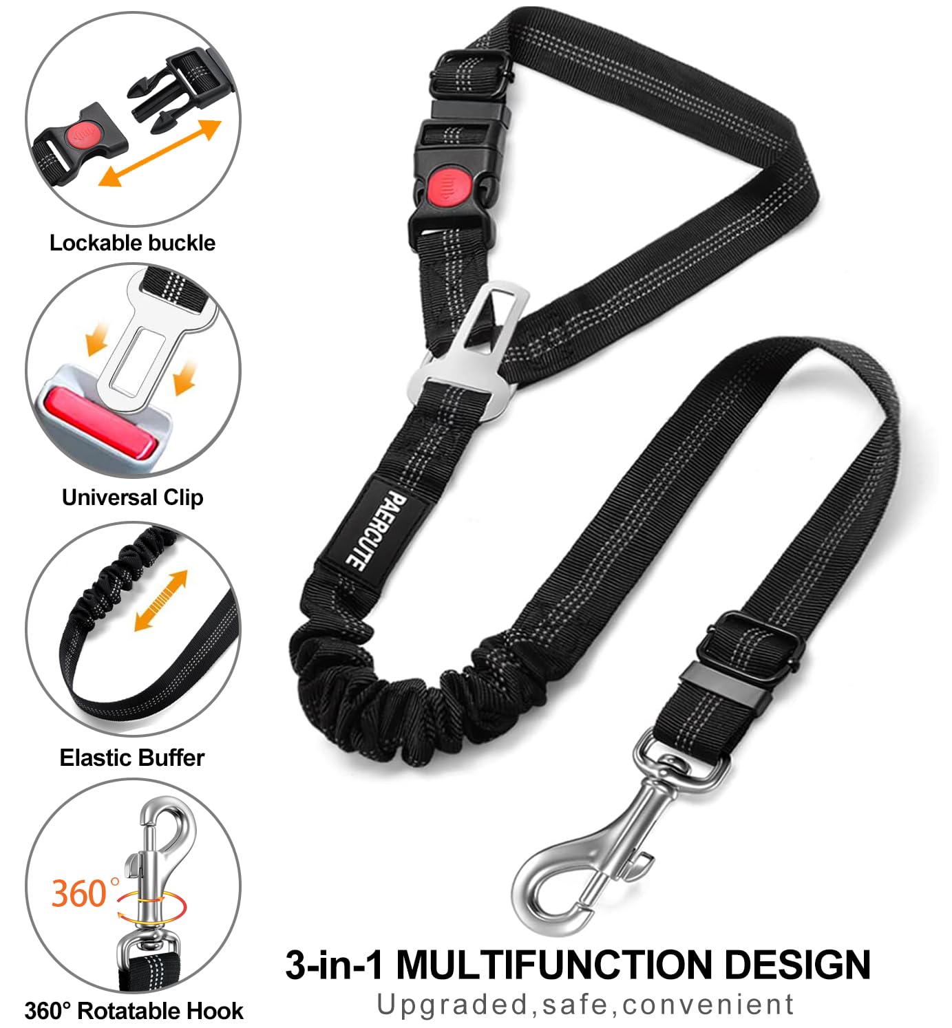3 Piece Retractable Adjustable Dog Car Seat Belt Set - Heavy Duty Elastic Pet Seatbelts for Vehicle Headrests - Durable Car Harness for Small Medium Large Dogs - Perfect for Road Trips & Safe Travel with Pets