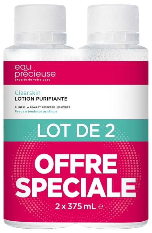 Eau Précieuse Clearskin Purifying Lotion for Acne-Prone Skin - 2 Pack (375ml Each) | Oil-Free Face Toner for Blemish Control & Pore Minimizing | Perfect for Daily Skincare Routine & Teenage Acne Treatment