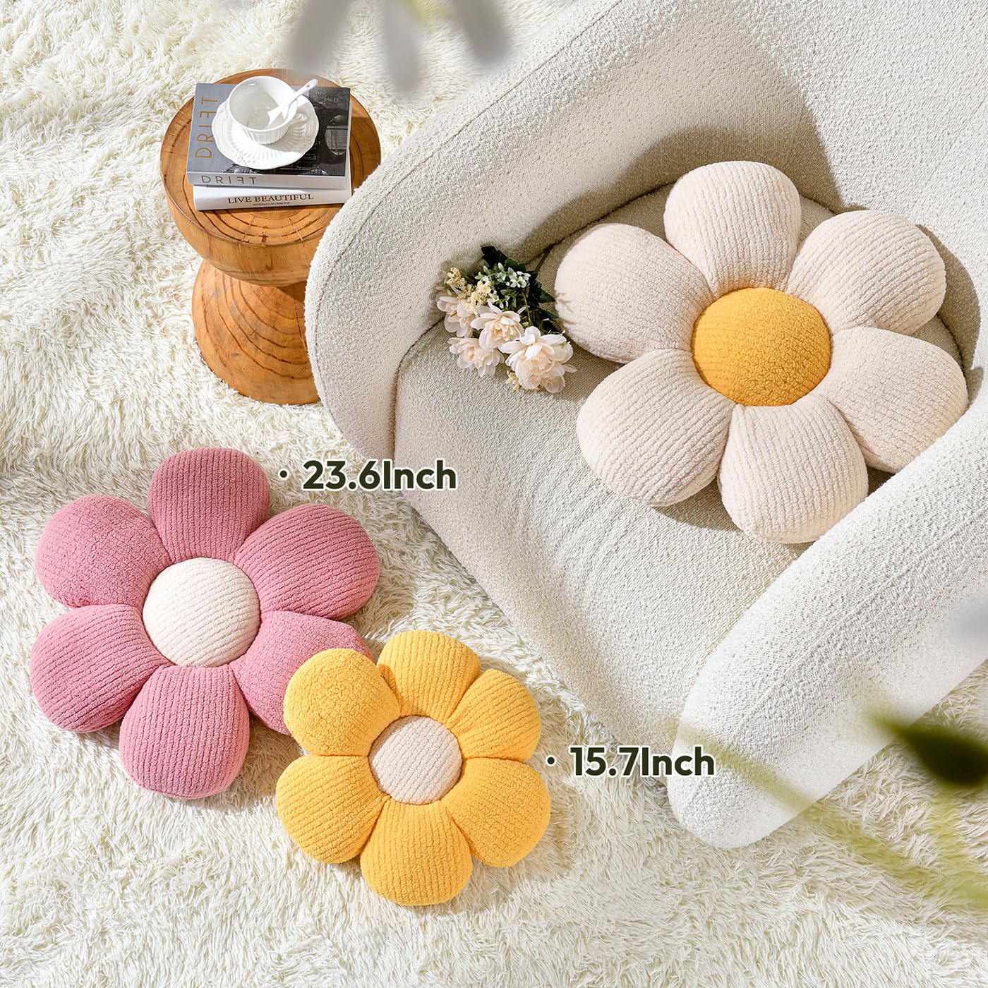 Flower Shaped Pillow - 15.7 Inch Decorative Floor Cushion for Bed, Sofa & Couch | Soft Plush Accent Pillow for Home Decor, Living Room, Nursery & Dorm | Aesthetic Flower Pillow in White (40cm)