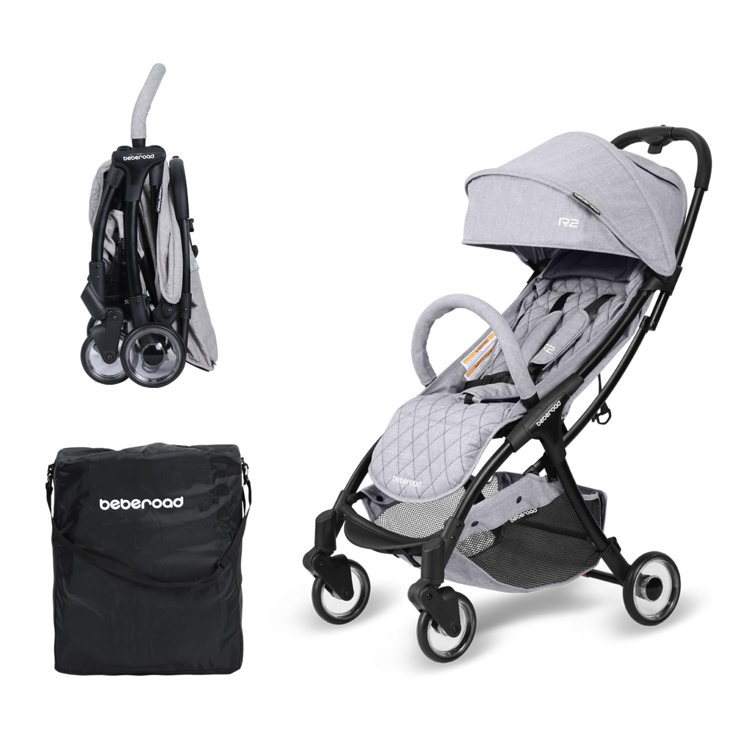 Beberoad Love R2 Compact Lightweight Foldable Travel Stroller for Baby & Toddler - Adjustable Backrest, Cup Holder, Waterproof Canopy - Perfect for Airplane Travel, Shopping & Outdoor Walks (Gray)