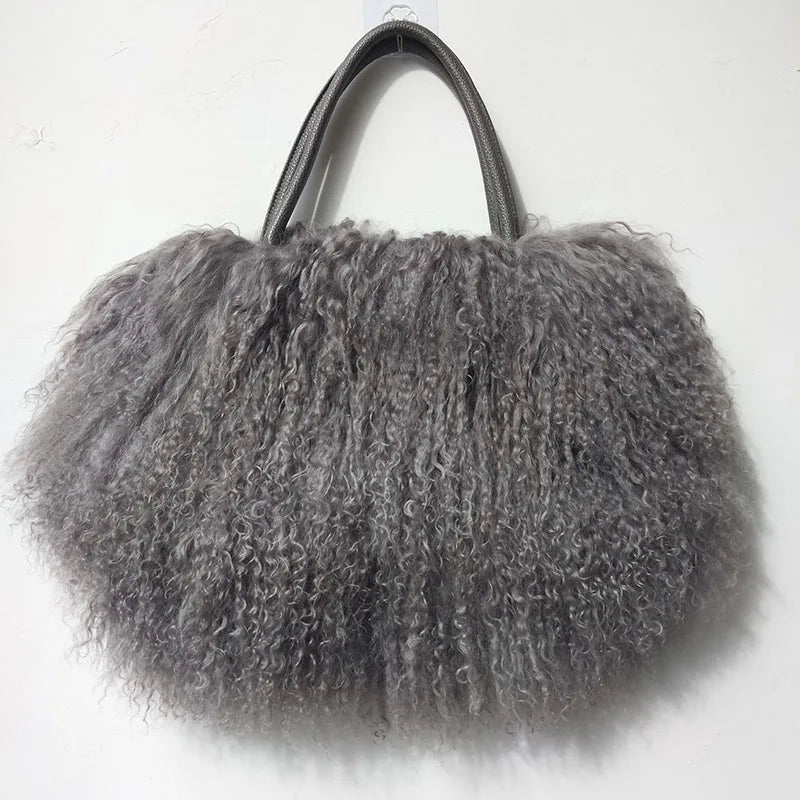 Genuine Mongolia Lamb Fur Handbag for Women - Natural Long Hair Fur Shoulder Bag - Elegant Tote Purse for Casual & Winter Fashion - Perfect for Daily Use, Office, and Special Occasions