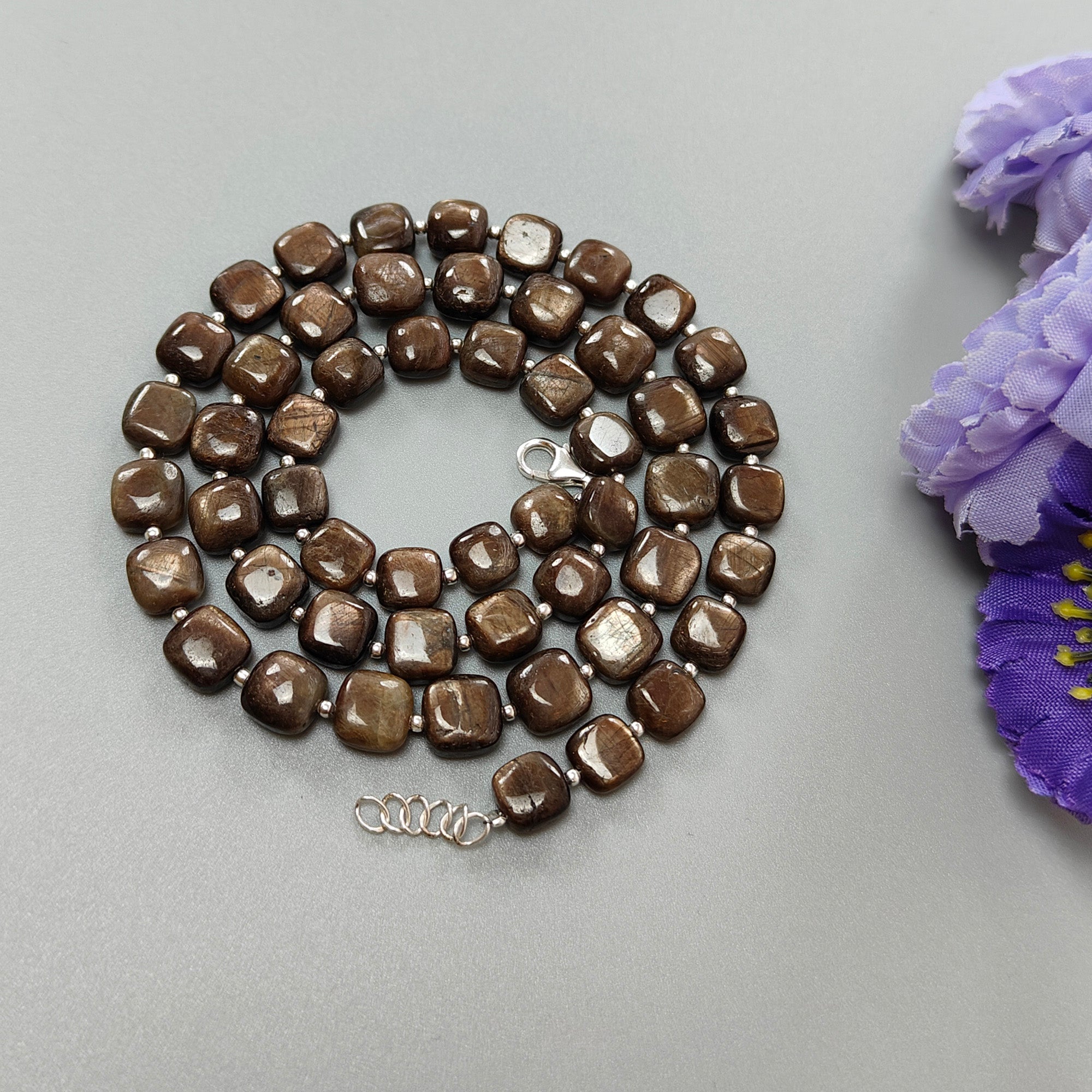 Natural Golden Brown Chocolate Sapphire Gemstone Beads Necklace - 925 Sterling Silver, 7mm-8mm Cushion Cut, 36g (Approx) - Perfect for Wedding, Anniversary & Special Occasion Jewelry Gifts