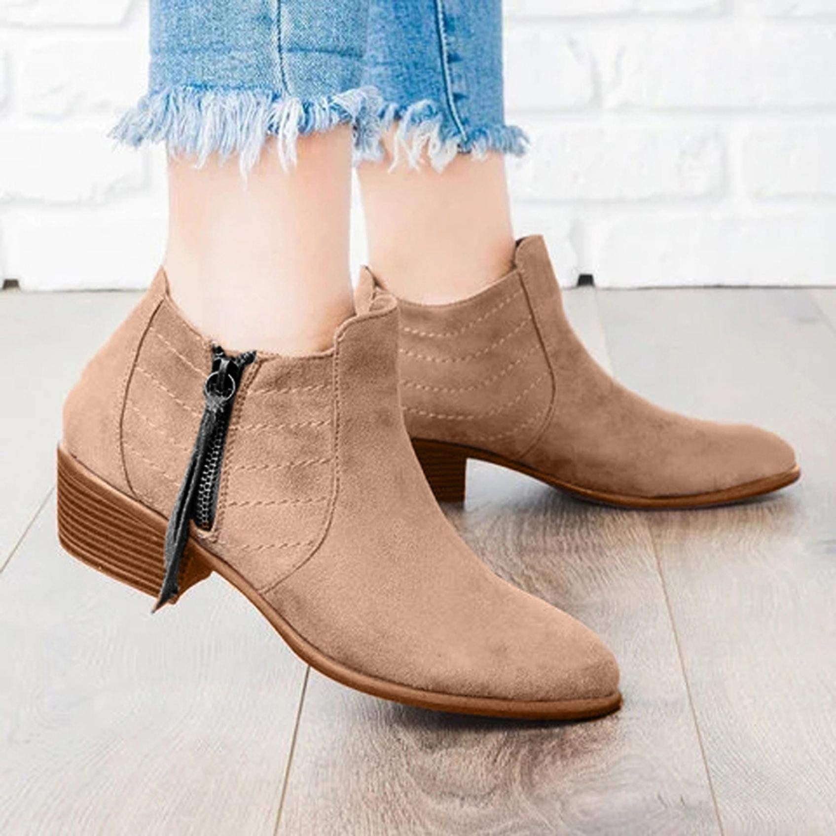 Gibobby Women's Pointed Toe Ankle Booties - Faux Leather & Suede Stacked Low Heel Boots for Work, Date Night & Fall Fashion