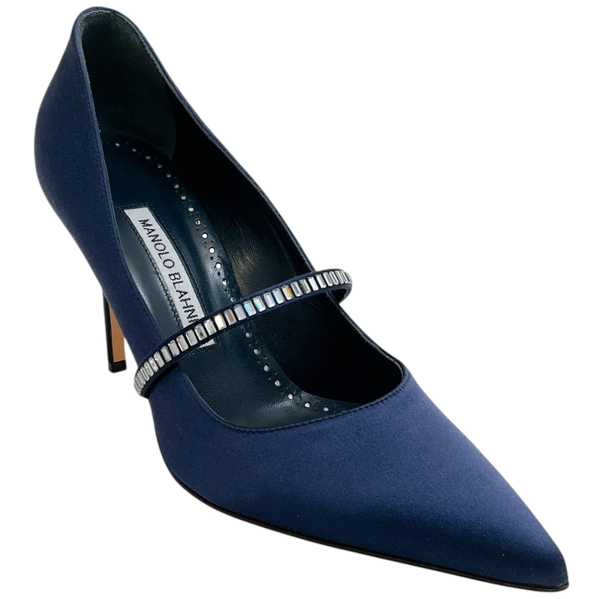 Manolo Blahnik Navy Blue Satin Crystal Embellished Mary Jane Pumps - Elegant Women's Dress Shoes for Weddings, Parties & Formal Events