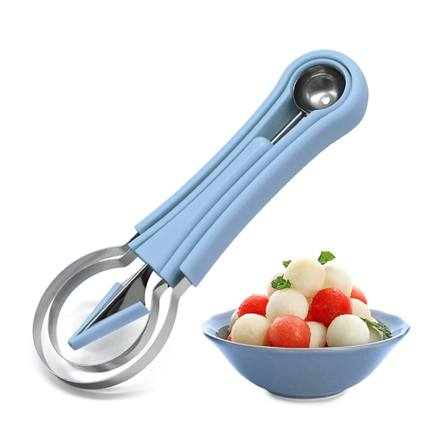 Professional 4-in-1 Stainless Steel Melon Baller Scoop Set - Fruit Carving Tools, Seed Remover & Ice Cream Scoop - Watermelon Knife & Pulp Separator for Kitchen, BBQ & Party (Blue)
