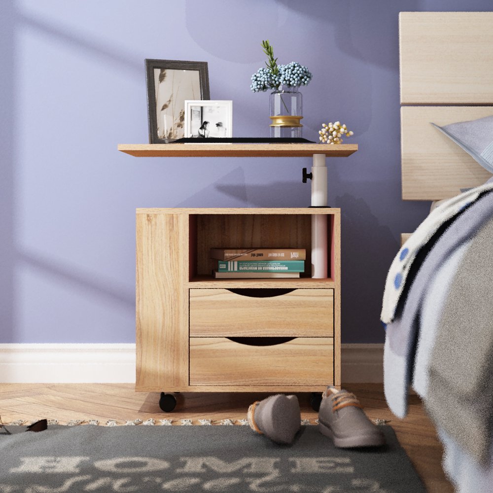 Adjustable Height Nightstand with Storage Drawer & Shelf - Mobile Coffee Table, Sofa Table & Bedside Table for Living Room, Bedroom & Office - Solid Oak Wood - Perfect for Small Spaces, Apartment Living & Home Office Organization