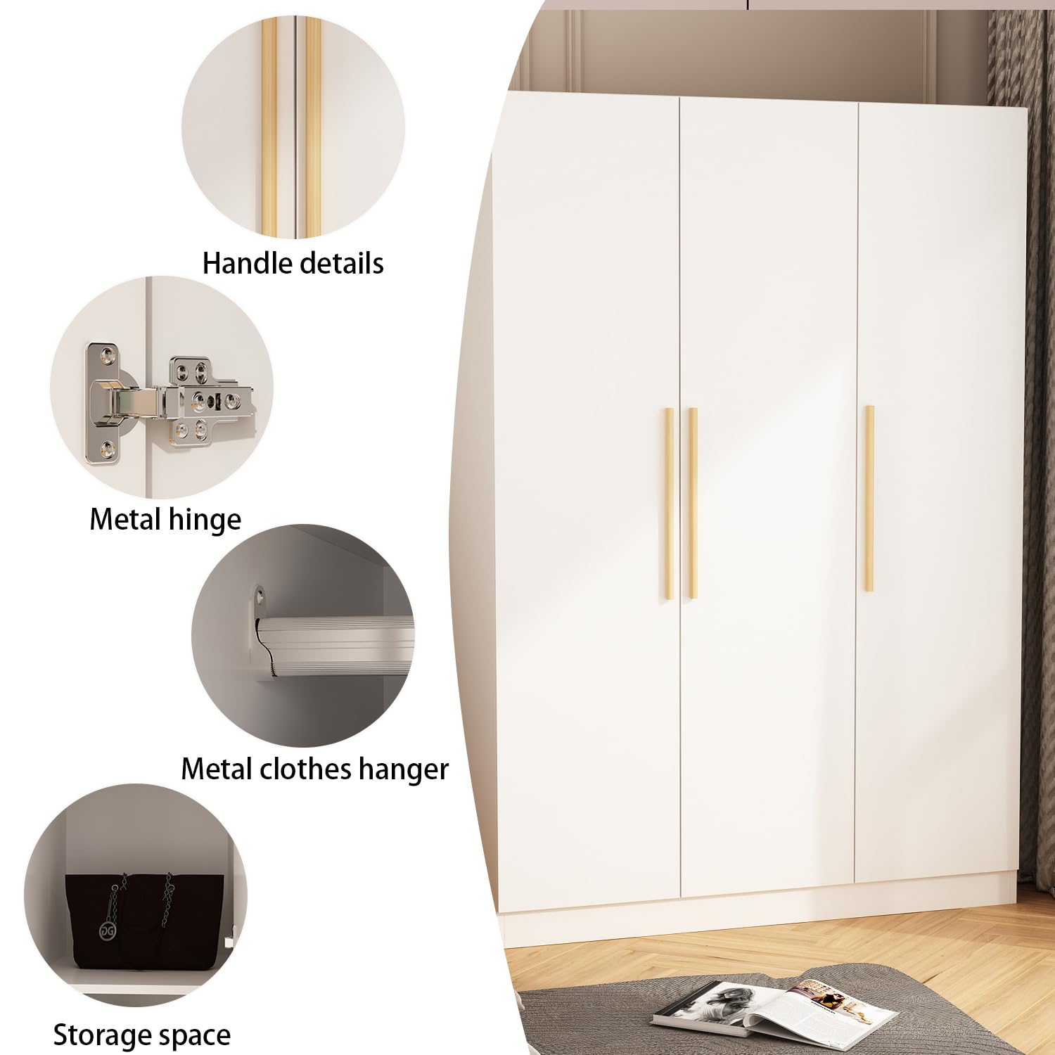 Hitow 3-Door Wardrobe Armoire Closet for Bedroom - White Wooden Storage Cabinet with Hanging Rod & Adjustable Shelves (47.2