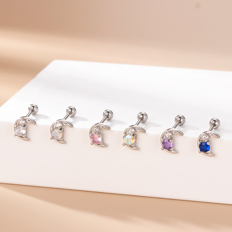 20G Cartilage Tiny Moon Earrings - Flat Back Opal Stud Earrings for Women | Dainty Jewelry for Everyday Wear, Gift for Her, Boho Style Earrings for Parties & Special Occasions