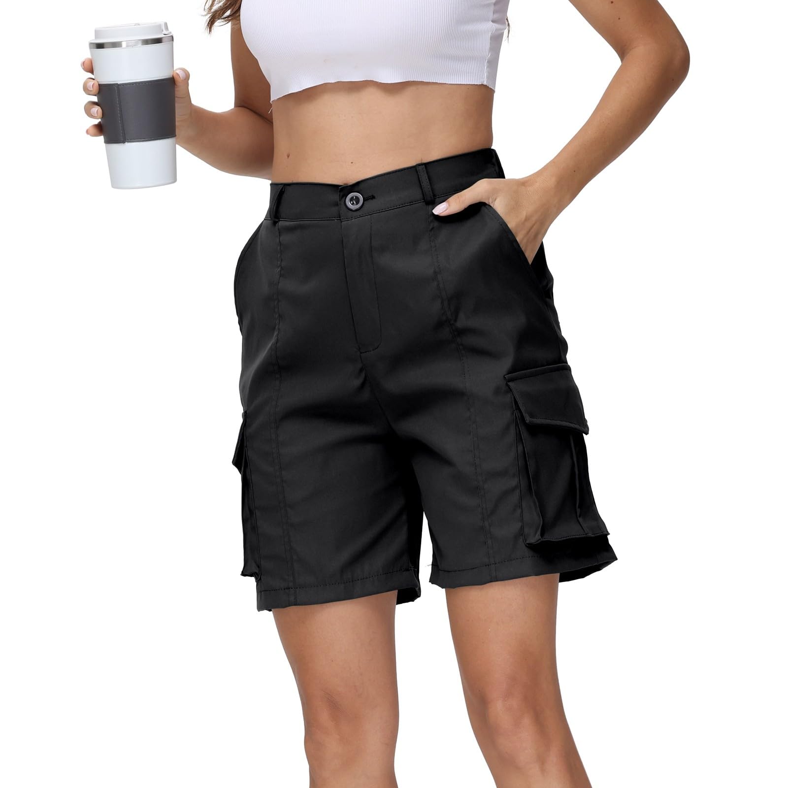 Women's Hiking Cargo Shorts - Summer Elastic Waist Bermuda Shorts with 6 Pockets for Outdoor, Golf & Casual Wear - Lightweight Quick-Dry Athletic Shorts for Hiking, Camping & Travel