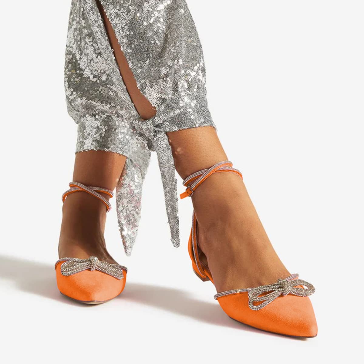 FSJ Women's Pointed Toe Low Heel Ballet Flats - Comfortable D'Orsay Dress Shoes with Rhinestone Bow & Ankle Strap for Office, Wedding & Casual Wear (US Sizes 4-15) | Perfect for Work, Parties & Special Occasions