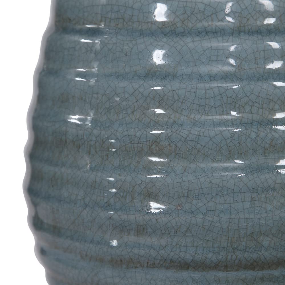 Tall Ribbed 1-Light Light Blue Ceramic Table Lamp with White Linen Drum Shade - 3-Way Switch for Bedroom, Living Room, or Office Decor