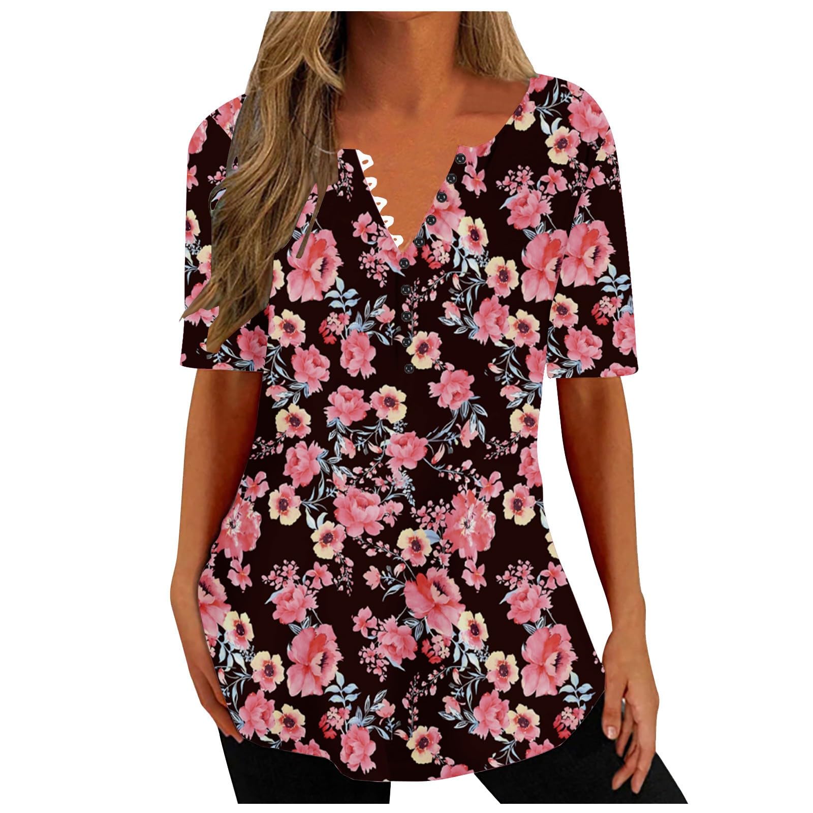 2024 Women's Summer Tops - Dressy Short Sleeve Button V-Neck T-Shirts | Business Casual & Beach Outfits | Soft Loose Cute Tees for Office, Vacation & Daily Wear