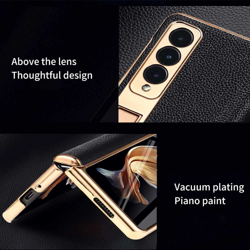 Premium Real Leather Phone Case for Samsung Galaxy Z Fold 6 with Hinge Kickstand - Slim Protective Cover for Work, Travel & Everyday Use