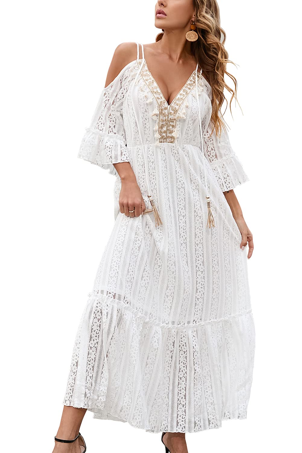 RIBONGZ Boho Lace Maxi Dress - Cold Shoulder Flowy Dress for Women, Beach Wedding Guest, Baby Shower, Photoshoot | Spring Summer Fall Outfits | Perfect for Vacations, Parties & Special Occasions
