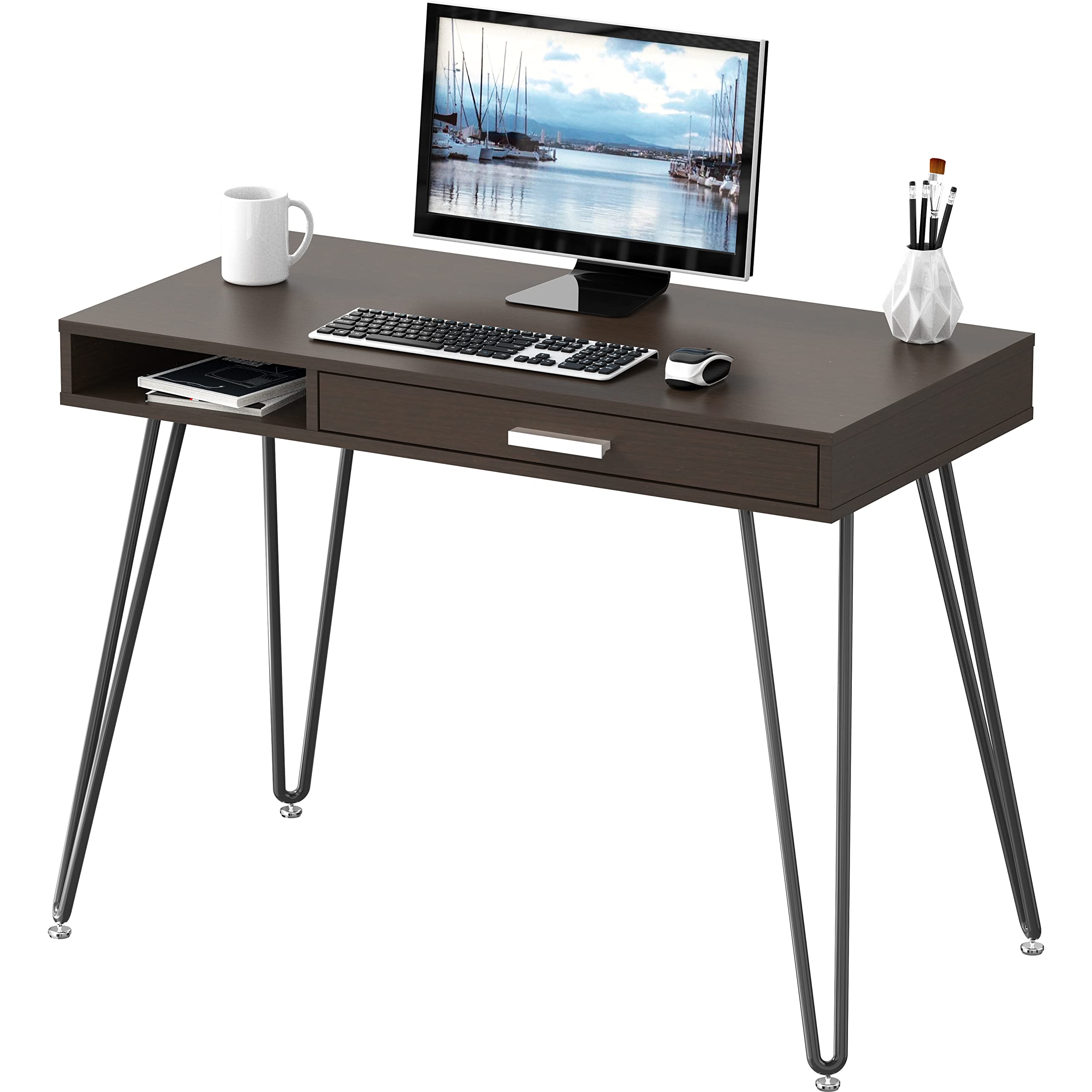 SHW Modern Home Office Computer Desk with Drawer & Hairpin Legs - Stylish Writing Desk for Small Spaces, Perfect for Remote Work & Study