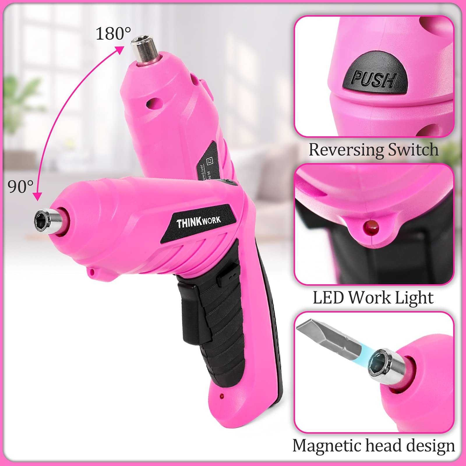 THINKWORK 41-Piece Pink Tool Set for Women - 3.6V Rechargeable Electric Screwdriver with Rotating Head, Home Repair Tool Kit with Large Zippered Tool Bag | Perfect for DIY Projects, Household Repairs, and Daily Maintenance Tasks