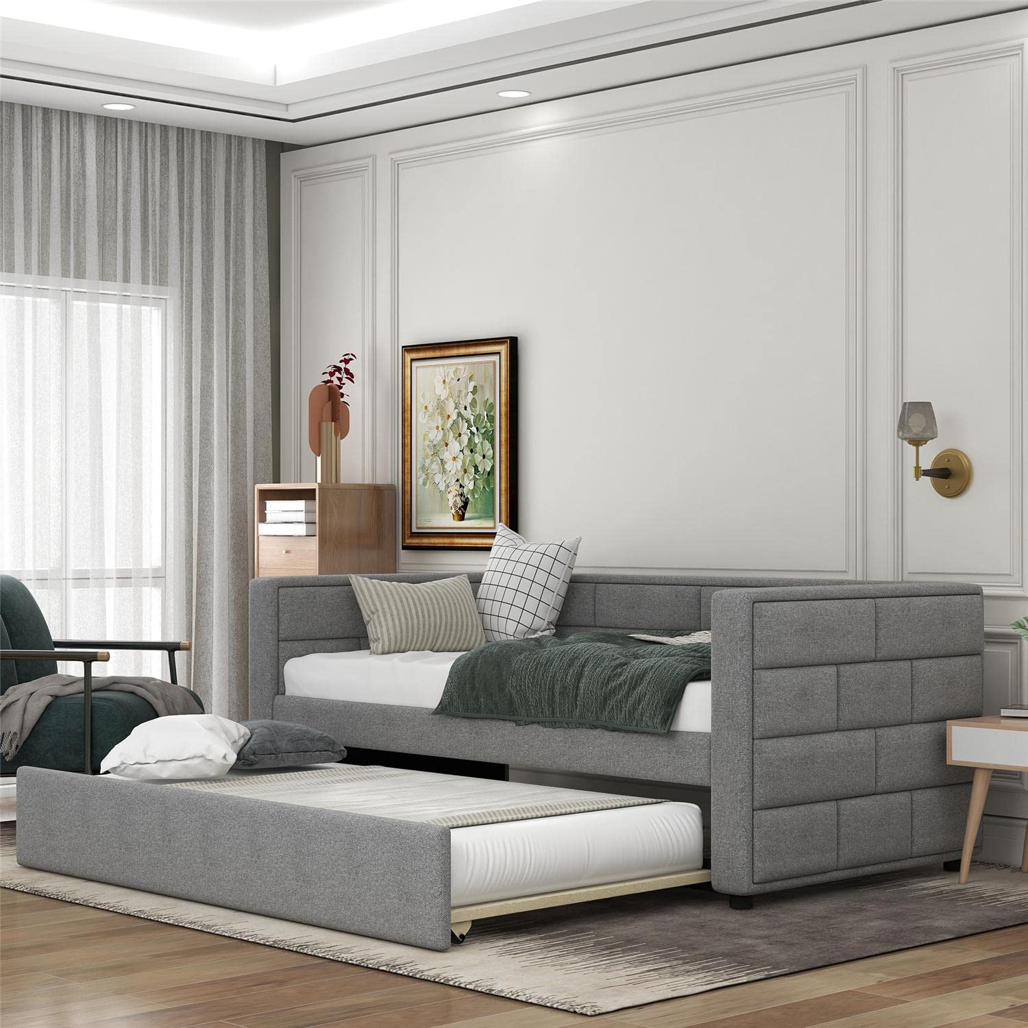 JINS&VICO Twin Size Upholstered Daybed with Trundle - Gray Padded Back Sofa Bed for Small Spaces, Guest Room & Dormitory Use