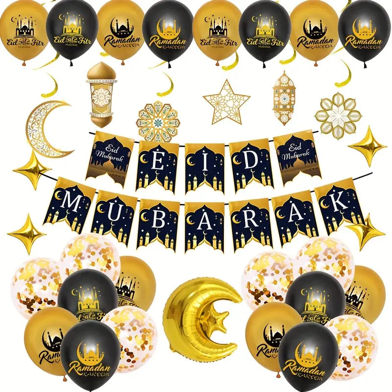 Eid Mubarak Party Decorations Set - Islamic Ramadan Celebration Decor for Home & Living Room - Eid Al Fitr Holiday Atmosphere Arrangement - Perfect for Family Gatherings & Festive Events