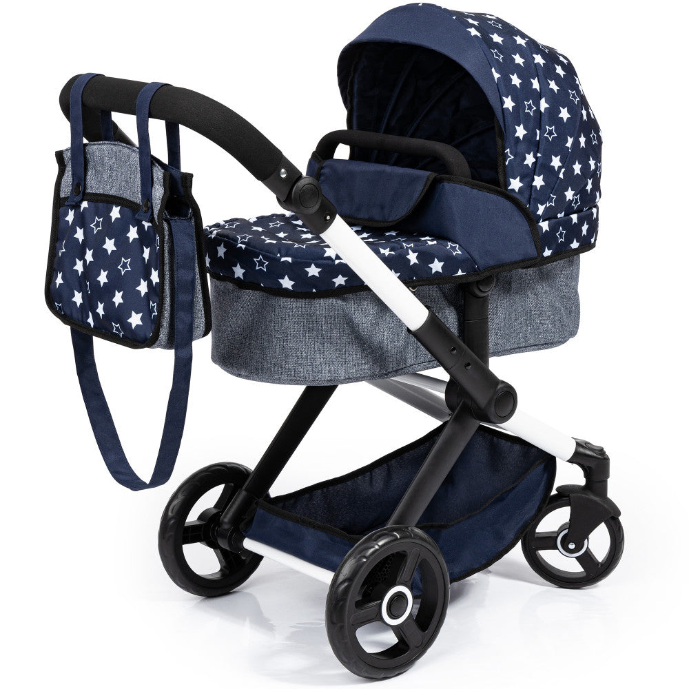 Bayer Design Combi Doll Pram Xeo - Blue & White Stars Stroller for Baby Dolls | Adjustable & Foldable Toy Pram for Girls & Boys Ages 3+ | Perfect for Indoor Play, Outdoor Walks & Pretend Parenting Scenarios