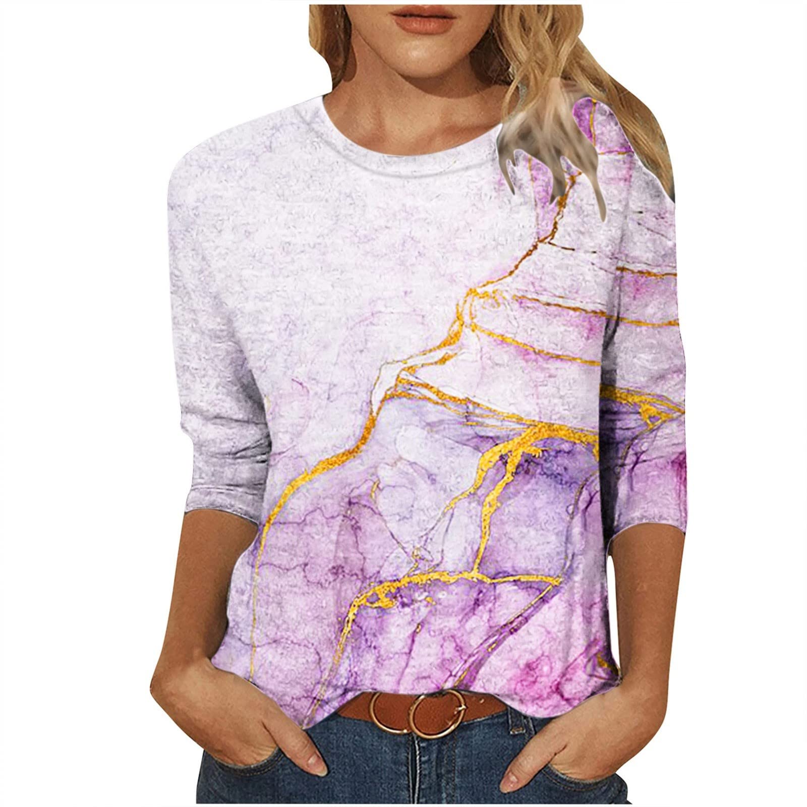 Women's Casual Half Sleeve T-Shirt | Summer Marble Print Round Neck Blouse | Cute Trendy Loose Fit Party Tunic Top | Perfect for Beach Outings, Date Nights & Casual Wear