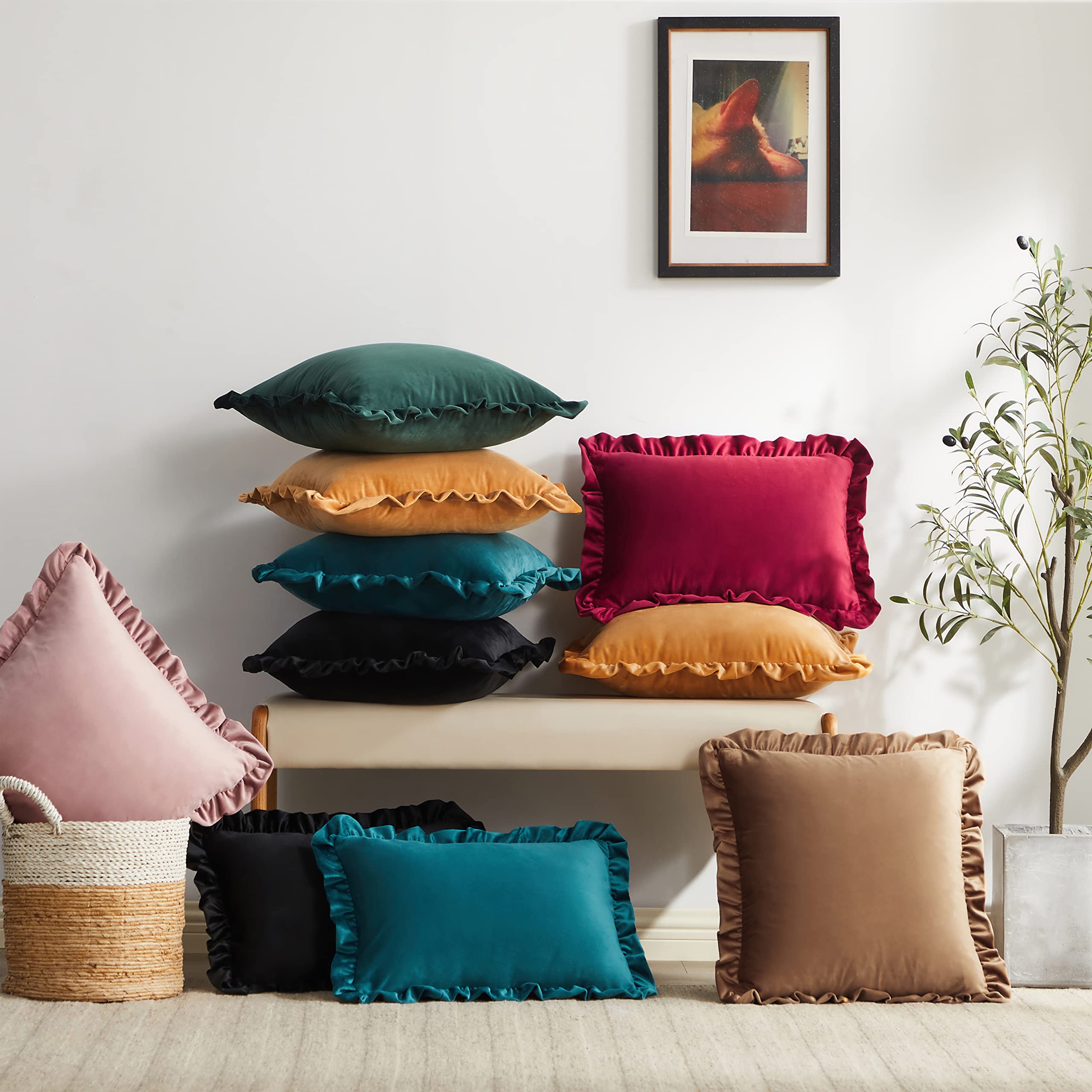 GIGIZAZA 16x16 Inch Army Green Velvet Ruffle Throw Pillow Covers Set of 2 - Decorative Cushion Covers for Sofa, Couch, Bedroom & Living Room Home Decor